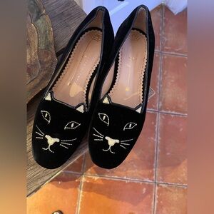 Charlotte Olympia Girls Velvet Black Incy Tom Cat Flats Size 1 (EU 32)